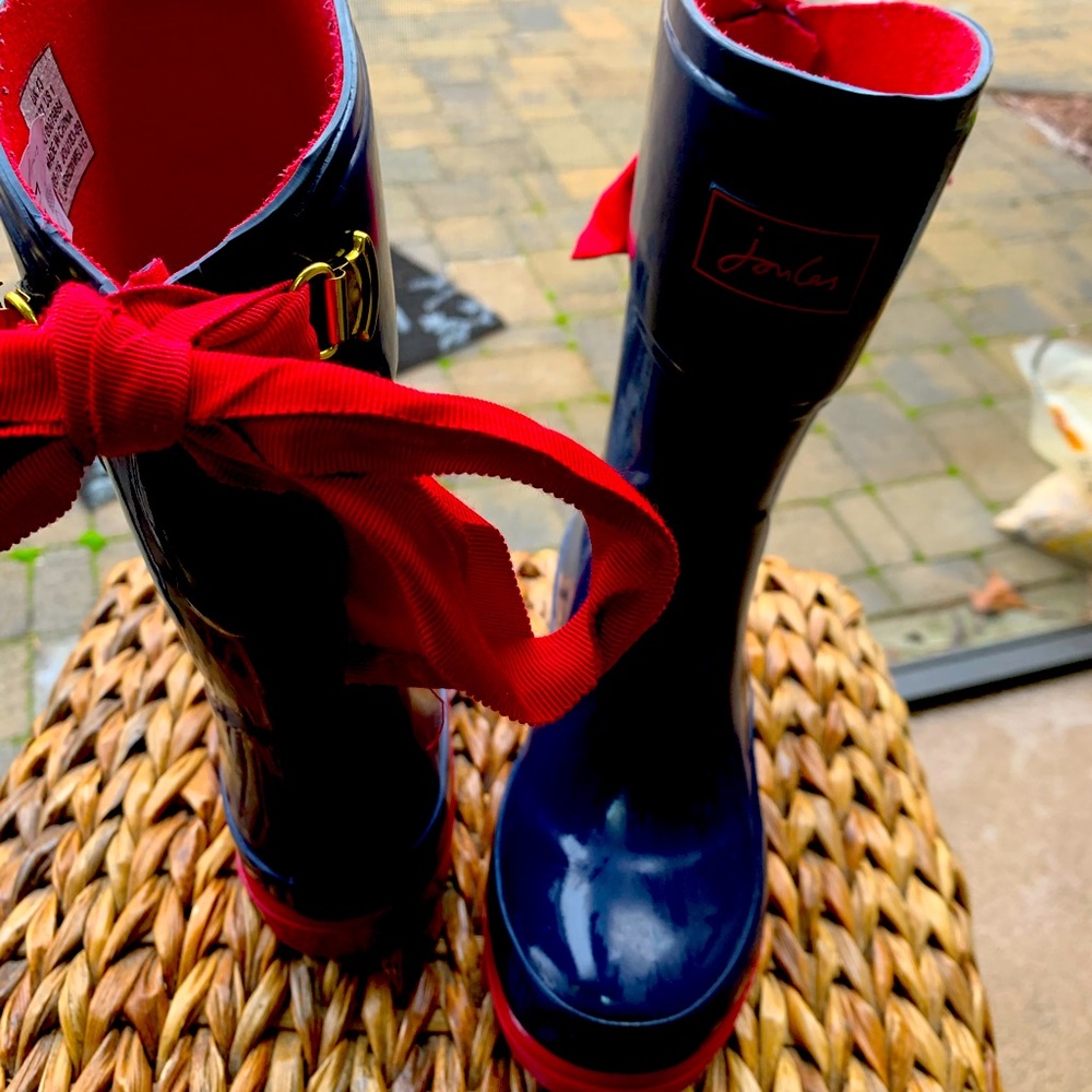Joules Girls Rain Boots Navy Blue with Pink Ribbon Ties Size US 1 UK 13